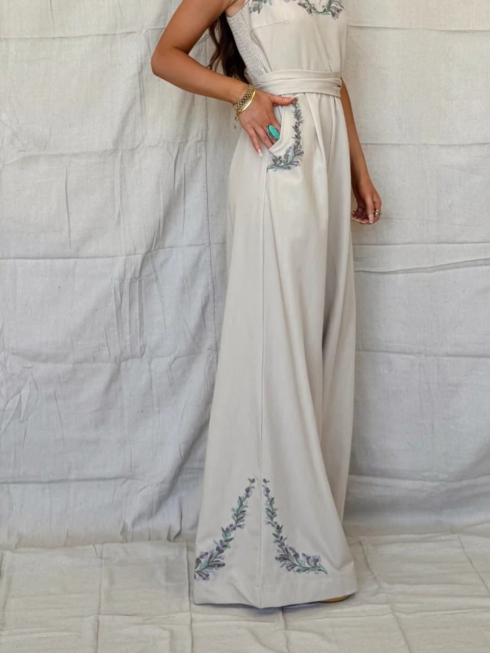 Cream Embroidered Wide-Leg Jumpsuit